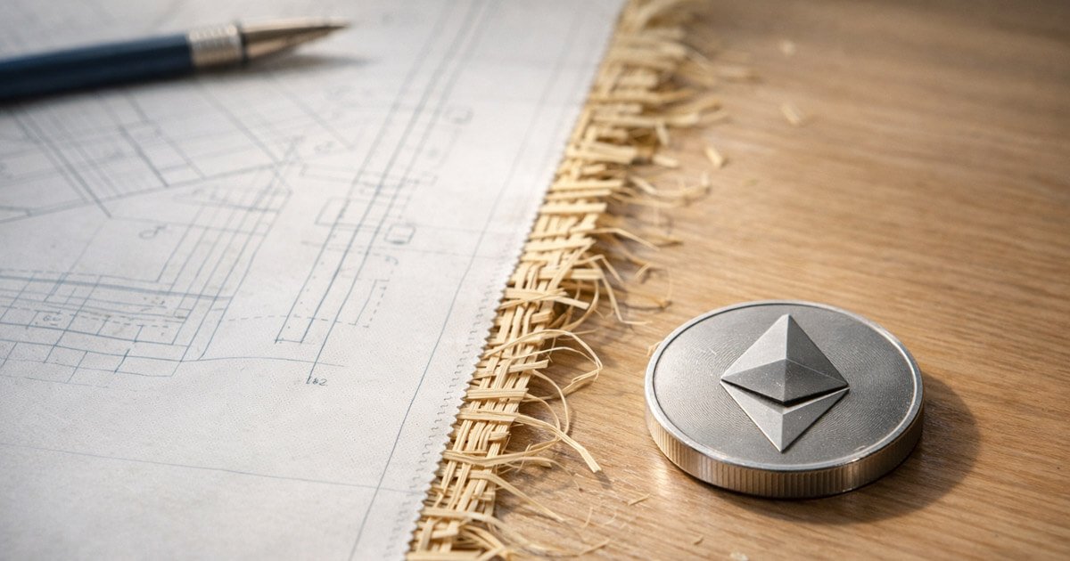 Ethereum coin beside technical blueprints on a wooden desk, symbolizing the network’s path to $10,000 as seven upgrades and a fragile ecosystem vote shape ETH’s future trajectory