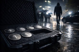 Ethereum coins amid a chaotic market selloff, symbolizing Vitalik Buterin’s nearly $10 million ETH sale during the crypto collapse