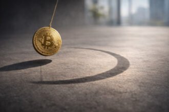 Bitcoin coin swinging like a pendulum over a concrete floor, symbolizing a potential short squeeze as BTC retakes $70k and pressures bearish traders