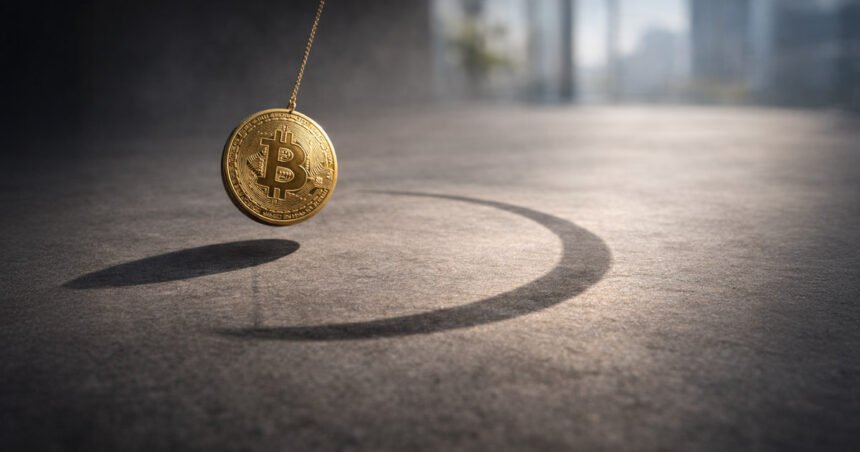Bitcoin coin swinging like a pendulum over a concrete floor, symbolizing a potential short squeeze as BTC retakes $70k and pressures bearish traders