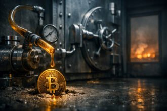 Bitcoin coin beneath a dripping crude spout inside an industrial setting, representing the U.S. pumping $3 billion into banks amid rising Iran tensions and the question of whether this will boost Bitcoin prices