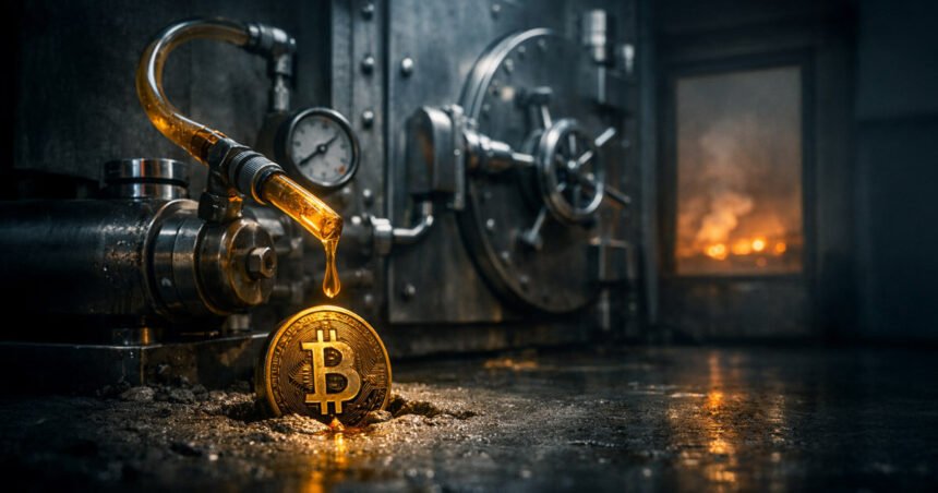 Bitcoin coin beneath a dripping crude spout inside an industrial setting, representing the U.S. pumping $3 billion into banks amid rising Iran tensions and the question of whether this will boost Bitcoin prices