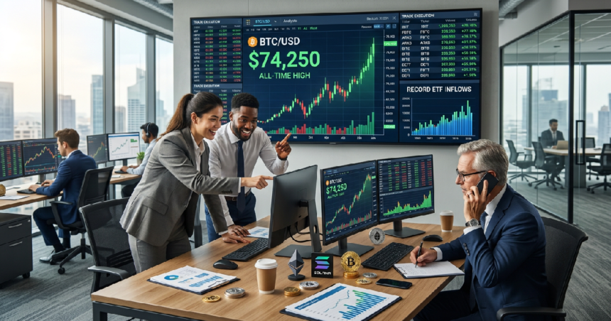 Bitcoin hits $74,000 as record ETF inflows fuel rally