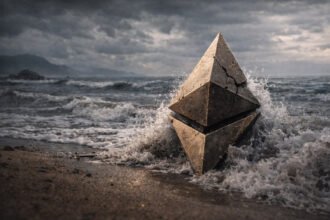 Cracked Ethereum symbol battered by crashing waves on a stormy shoreline, representing Ethereum’s strongest loss streak since 2018