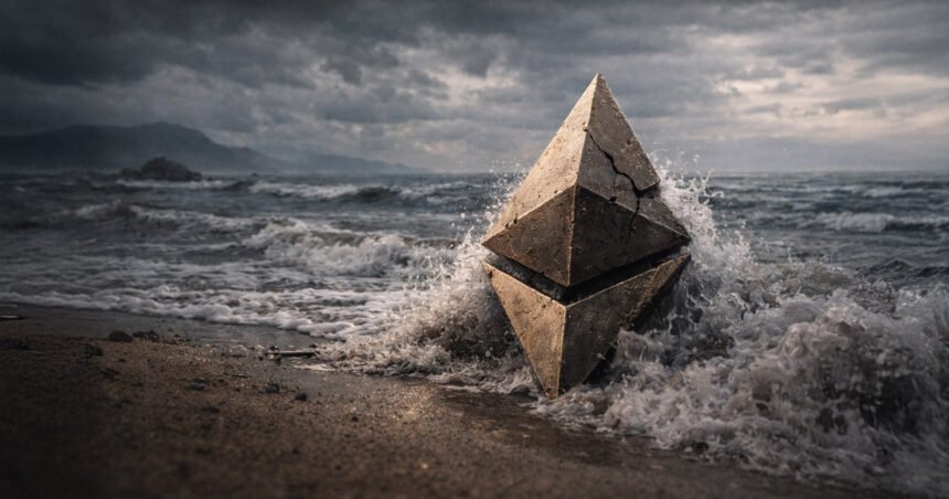 Cracked Ethereum symbol battered by crashing waves on a stormy shoreline, representing Ethereum’s strongest loss streak since 2018