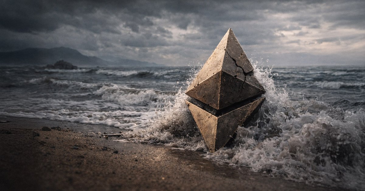 Cracked Ethereum symbol battered by crashing waves on a stormy shoreline, representing Ethereum’s strongest loss streak since 2018