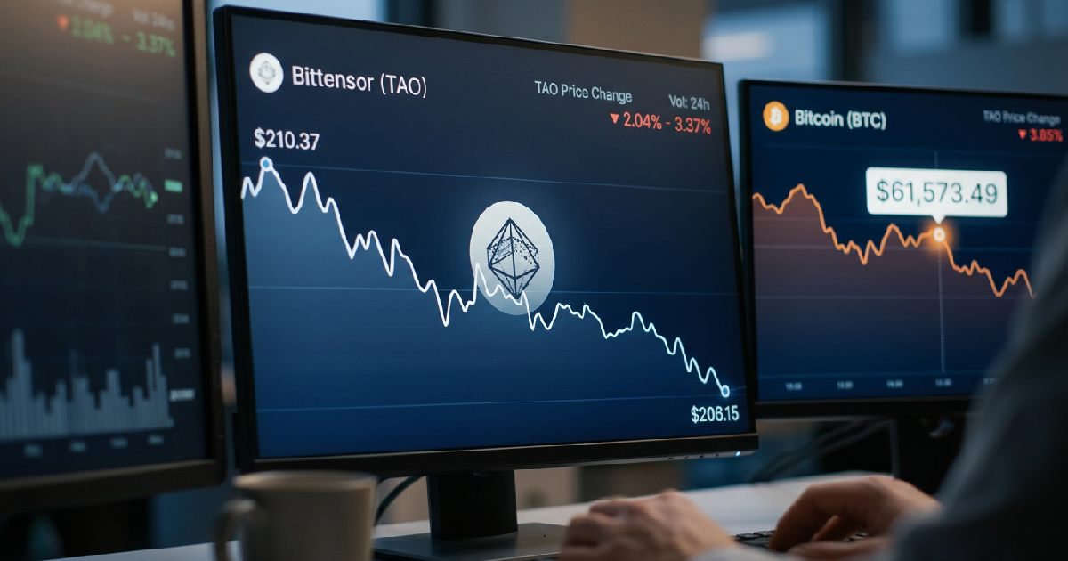 Bittensor (TAO) drops 2.04% to 3.37% as Bitcoin falls 3.85% to $61,573.49